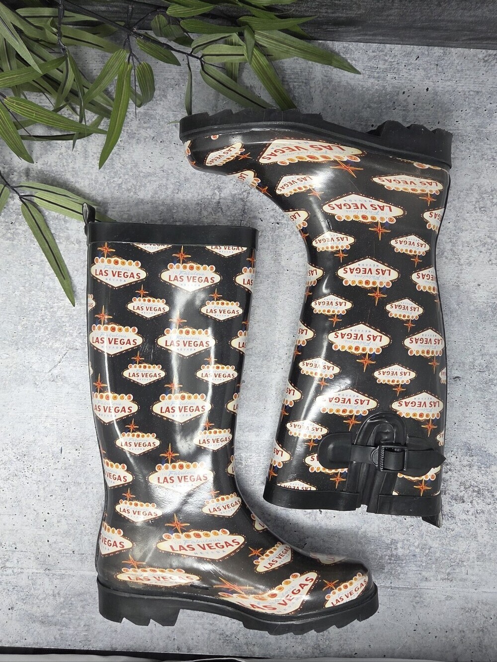 Capelli Las Vegas Graphic Print Rain Boots Size 6 Playful Retro Kitsch Tourist